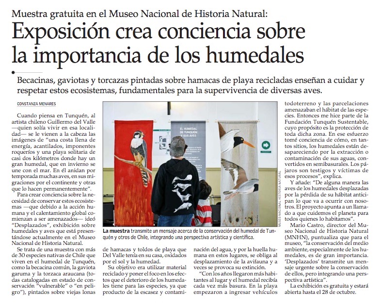 Report on Guillermo del Valle's exhibition, Displaced in El Mercurio de Chile